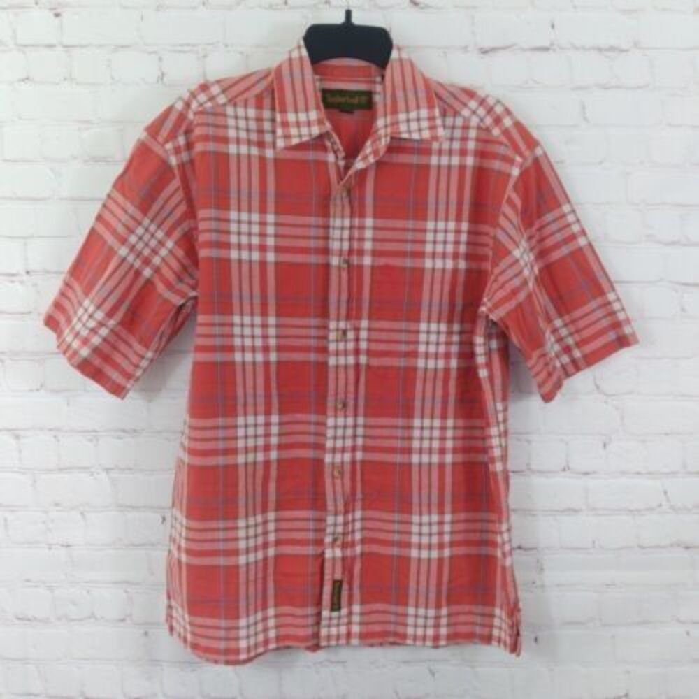 Timberland Shirt Mens Small Orange Plaid Short Sleeve Button Up Casual